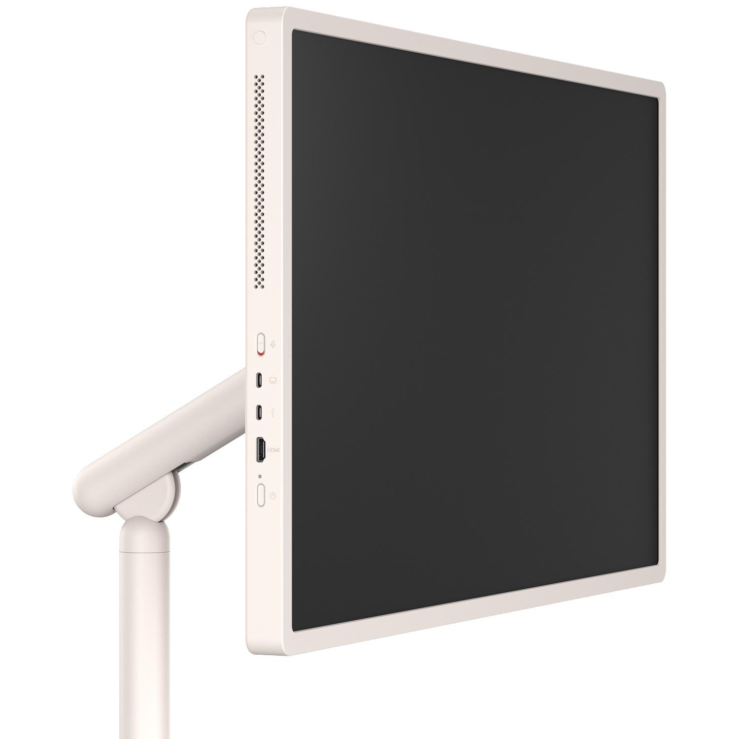 A white computer monitor on an adjustable arm against a white background.