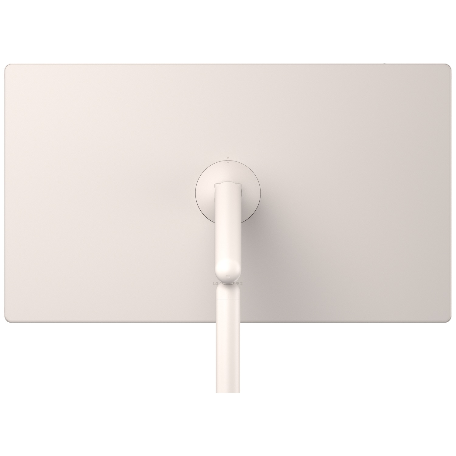 Rear view of a white monitor with a circular stand on a neutral background.