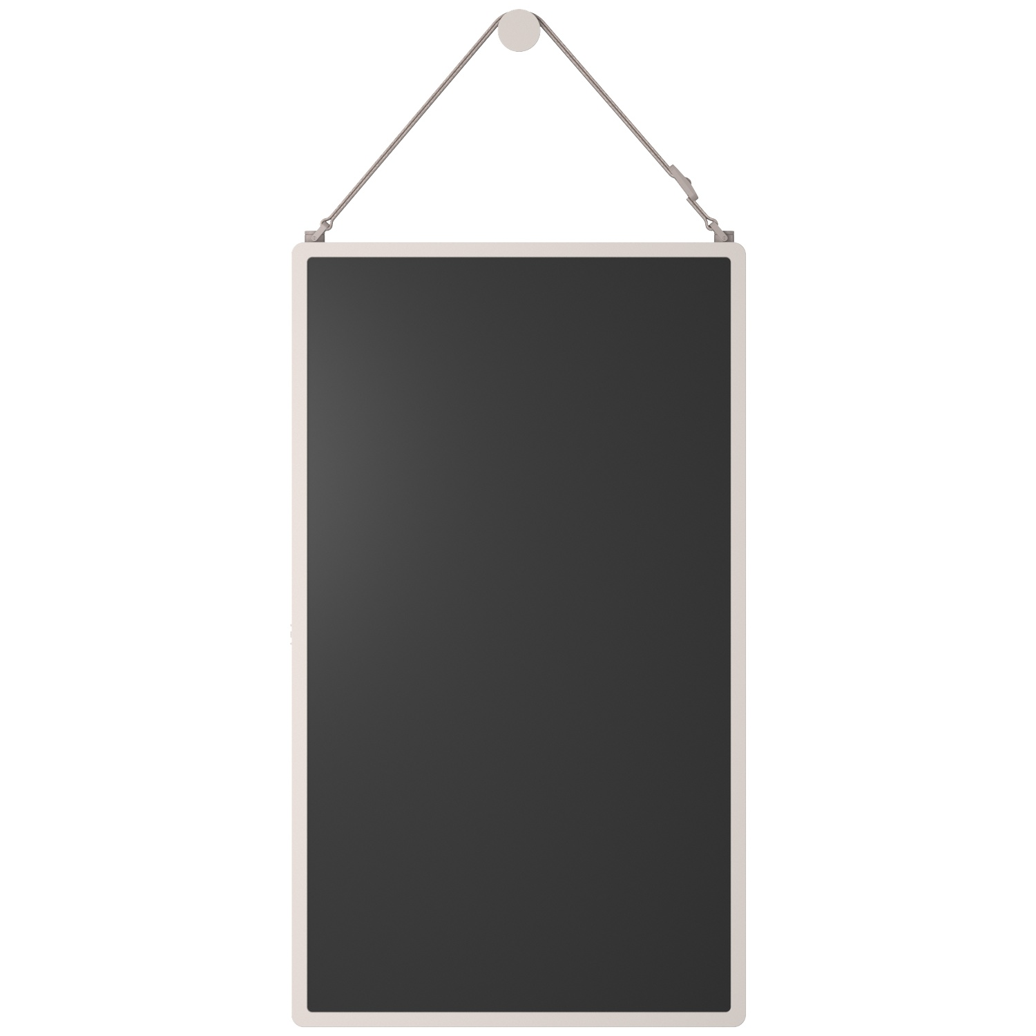 A vertical, black sign with a light frame, hanging from a rope against a white background.
