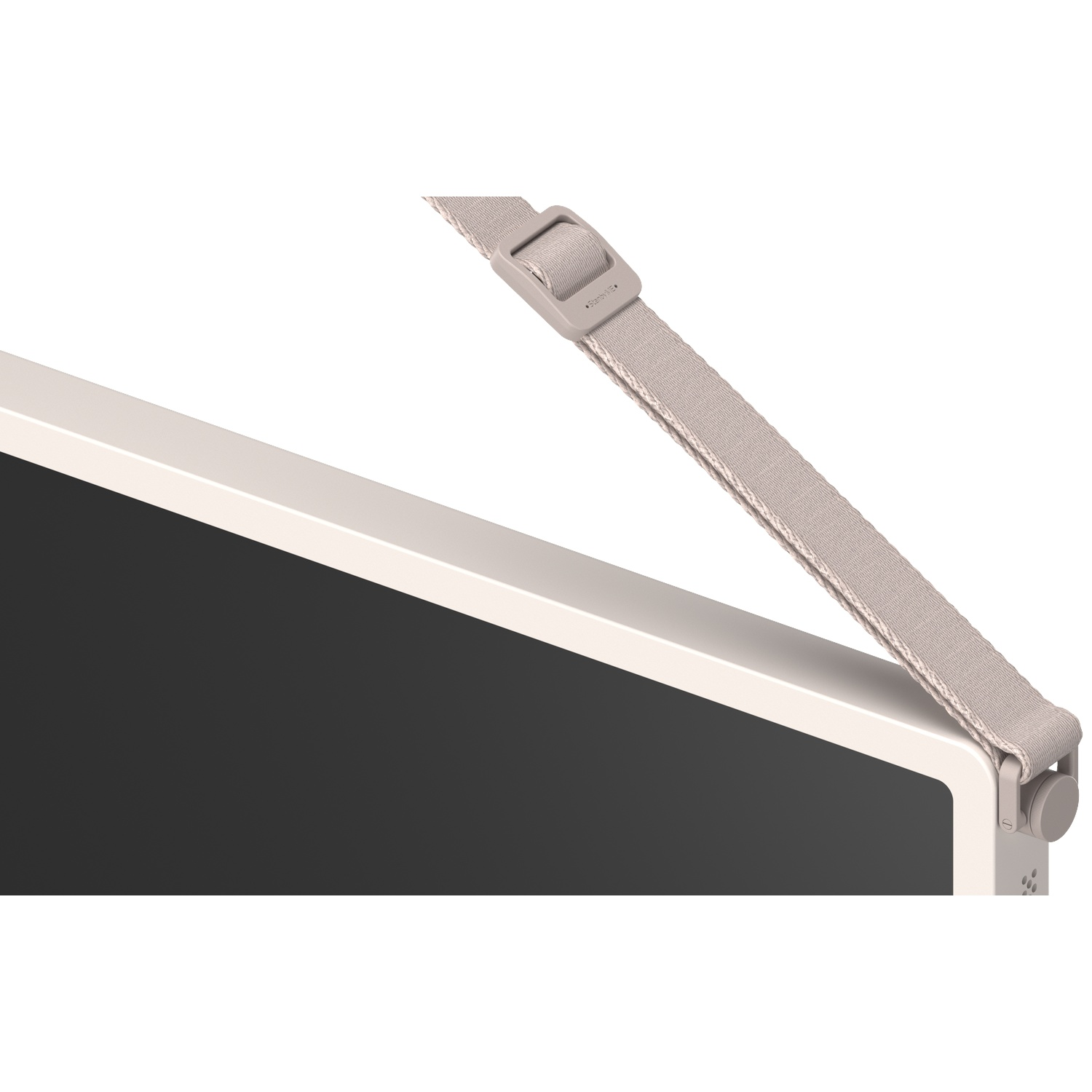 Close-up of a beige carrying strap attached to a white screen frame.
