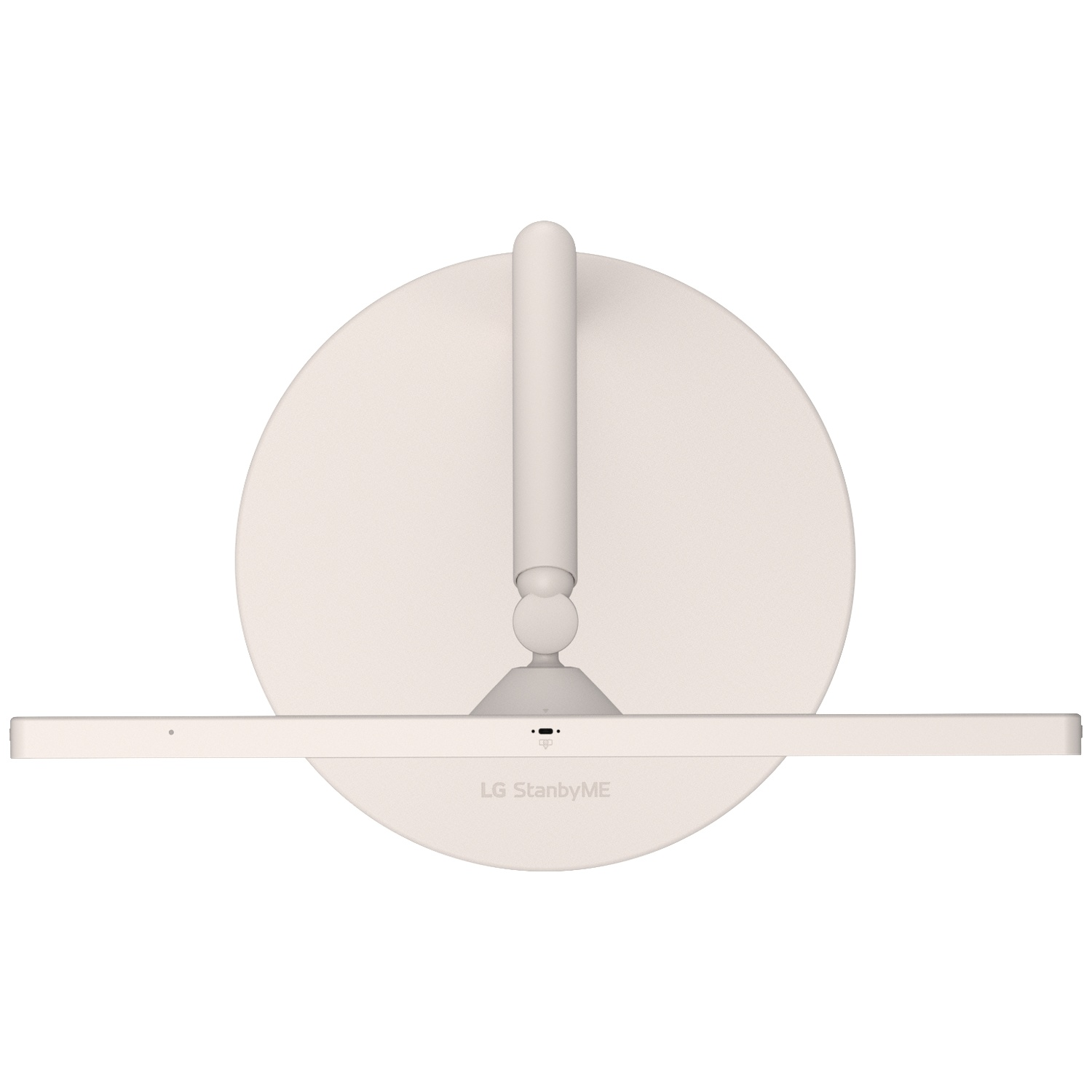 Top view of a beige LG StanbyME screen with a round base on a white background.
