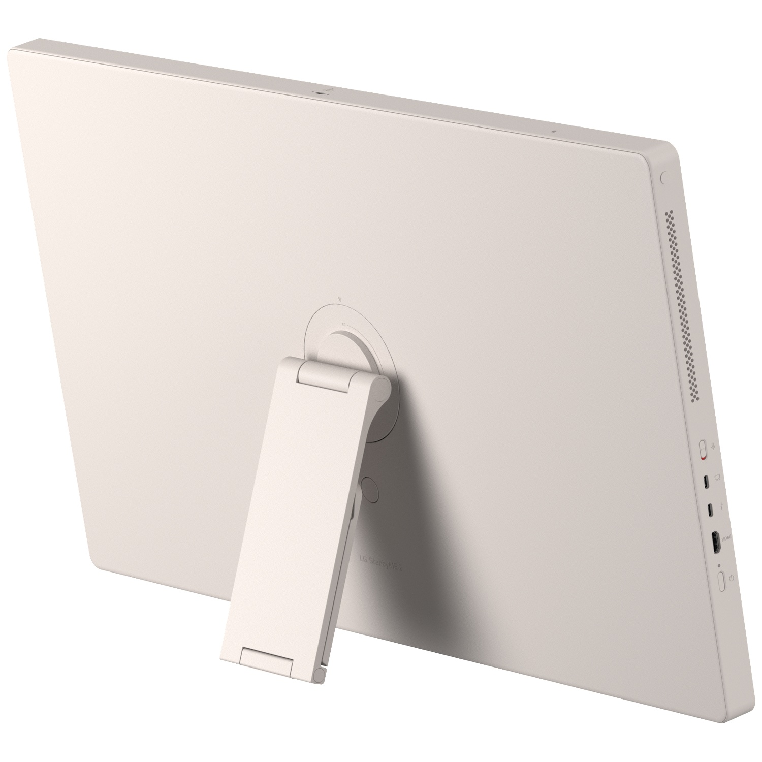 Rear view of a light-colored portable screen with an attached adjustable stand on a white background.