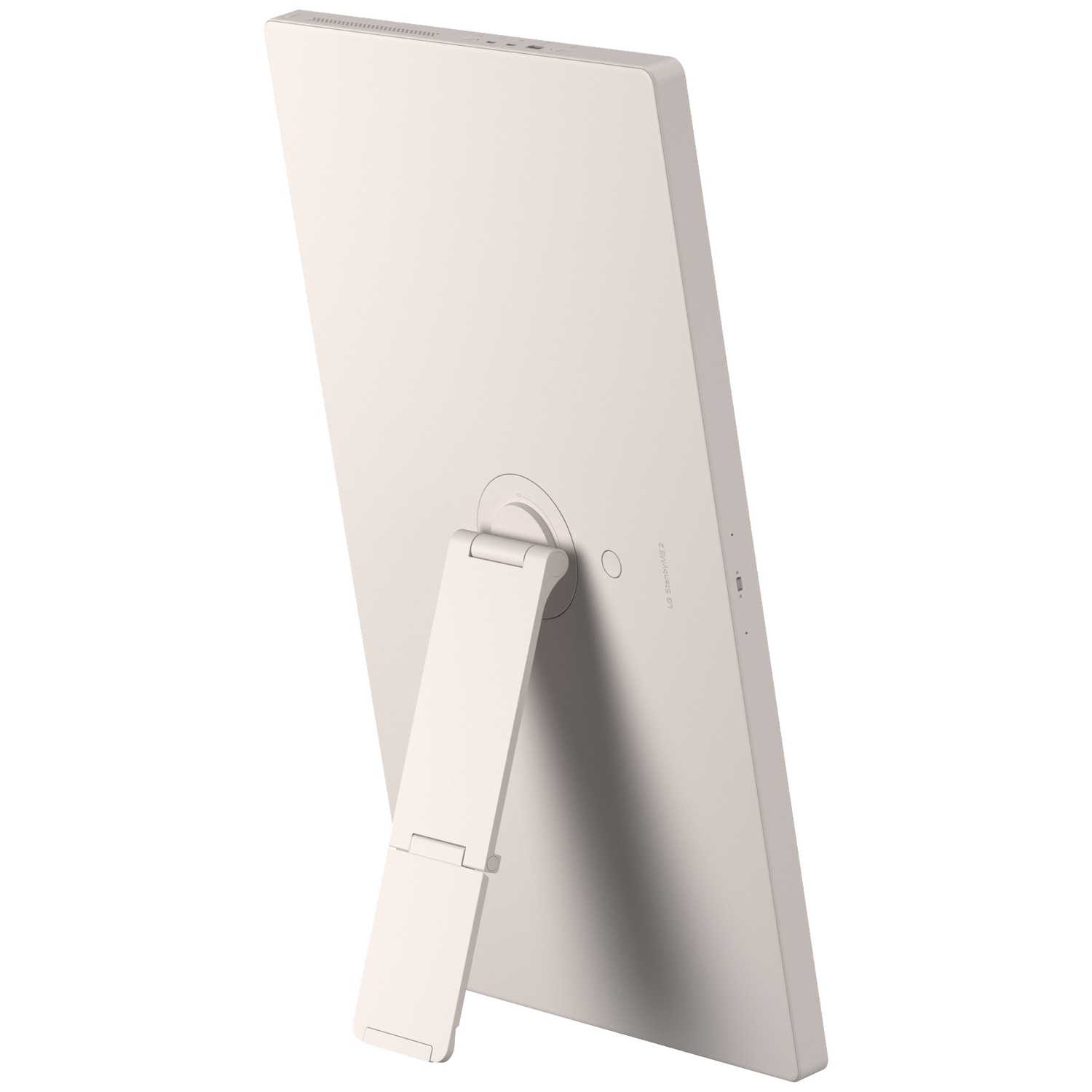 Rear view of a cream-colored LG StanbyME 2 tablet with its stand folded out, on a white background.