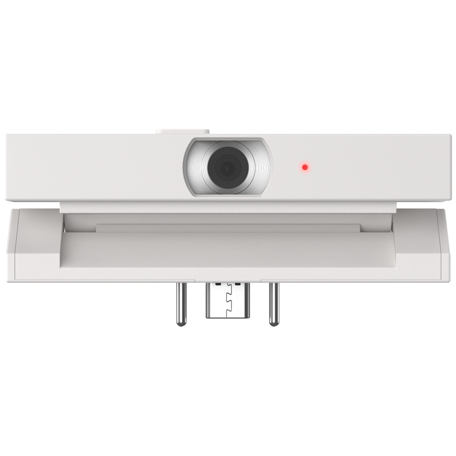 A white webcam with a central lens, red LED, and a USB connector at the bottom.