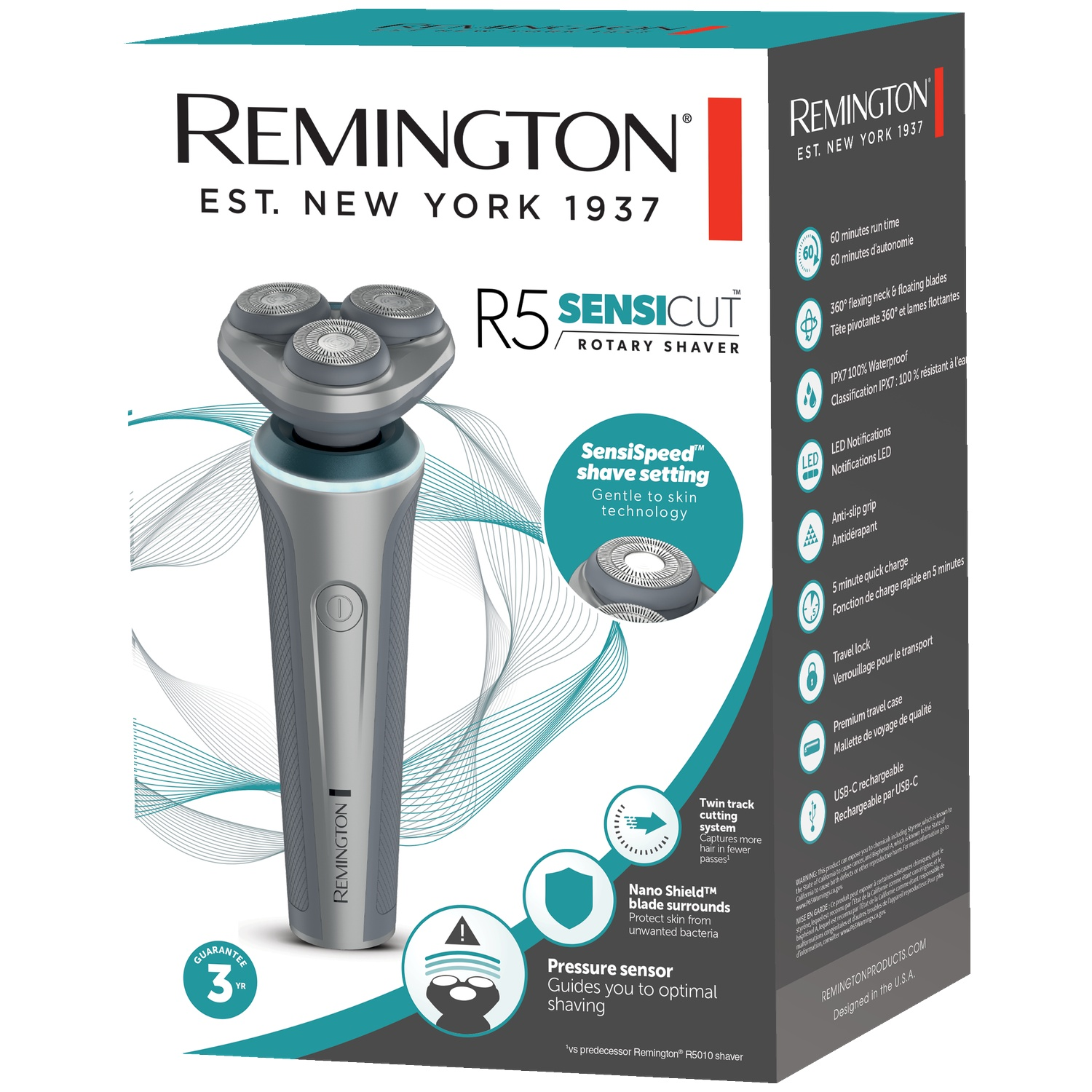De productdoos van de Remington R5 SensiCut Rotary Shaver toont het scheerapparaat en de functies.