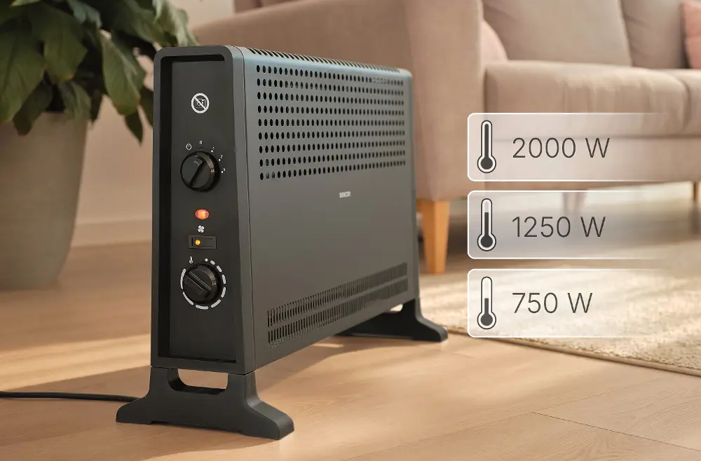Fekete konvektoros fűtőtest egy szobában, kanapéval a háttérben, 750W, 1250W és 2000W teljesítményfokozattal.