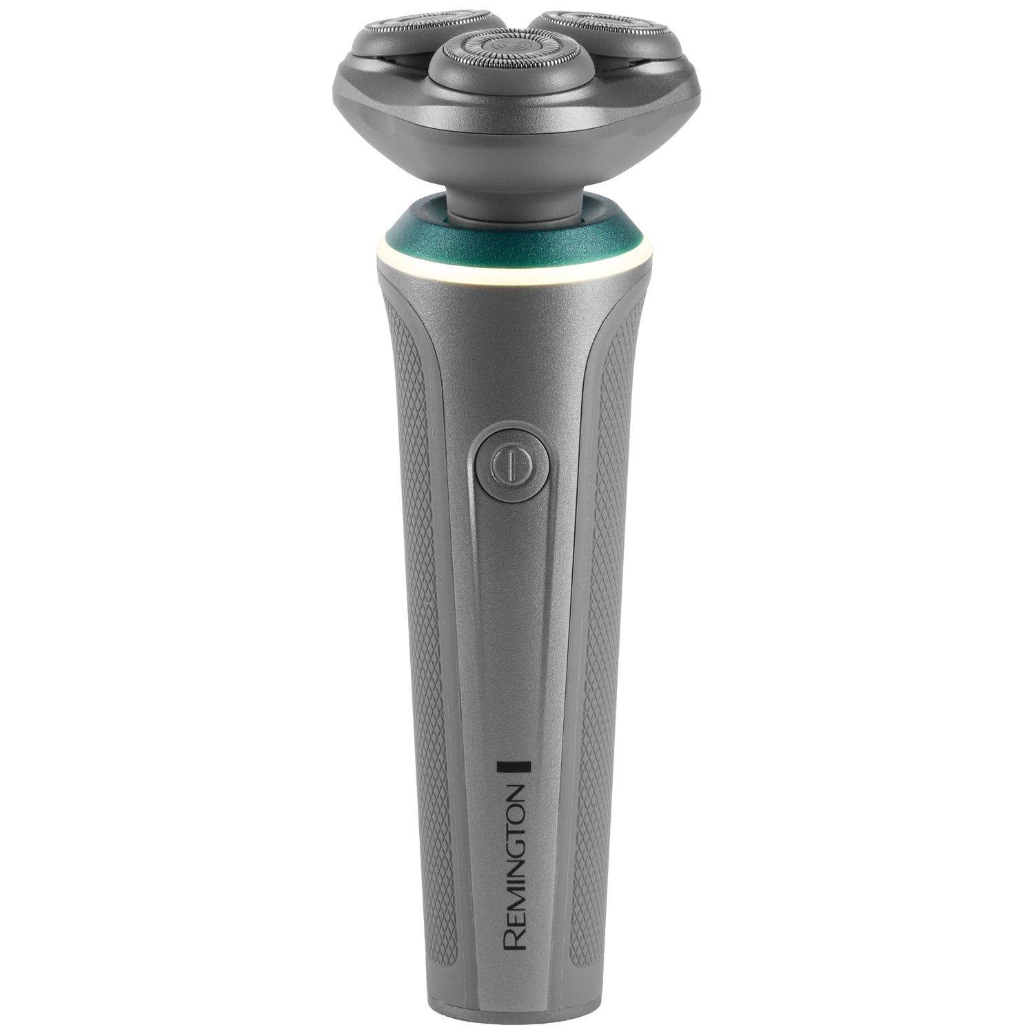 Grijs Remington elektrisch scheerapparaat met drie roterende koppen, aan/uit-knop en groene ring op een witte achtergrond.