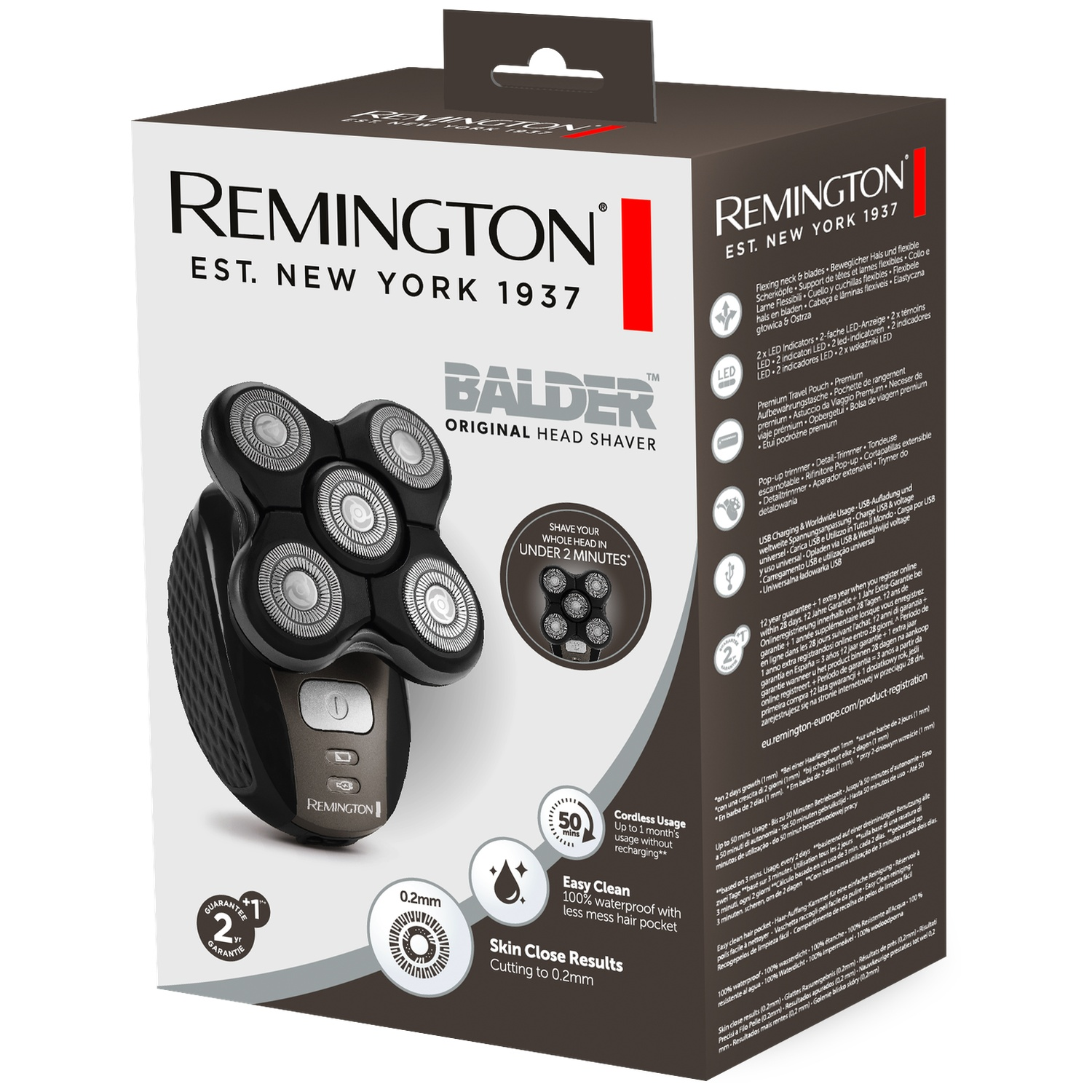 Remington Balder scheerapparaat doos met vijf scheerkoppen en productkenmerken op karton.