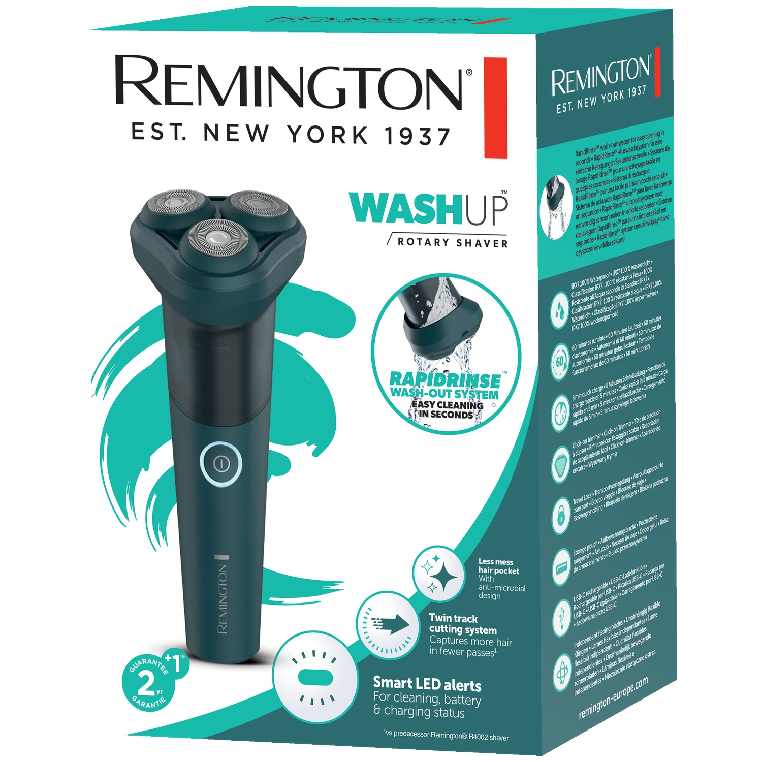 Verpakking van een groen Remington WashUp scheerapparaat met productdetails.
