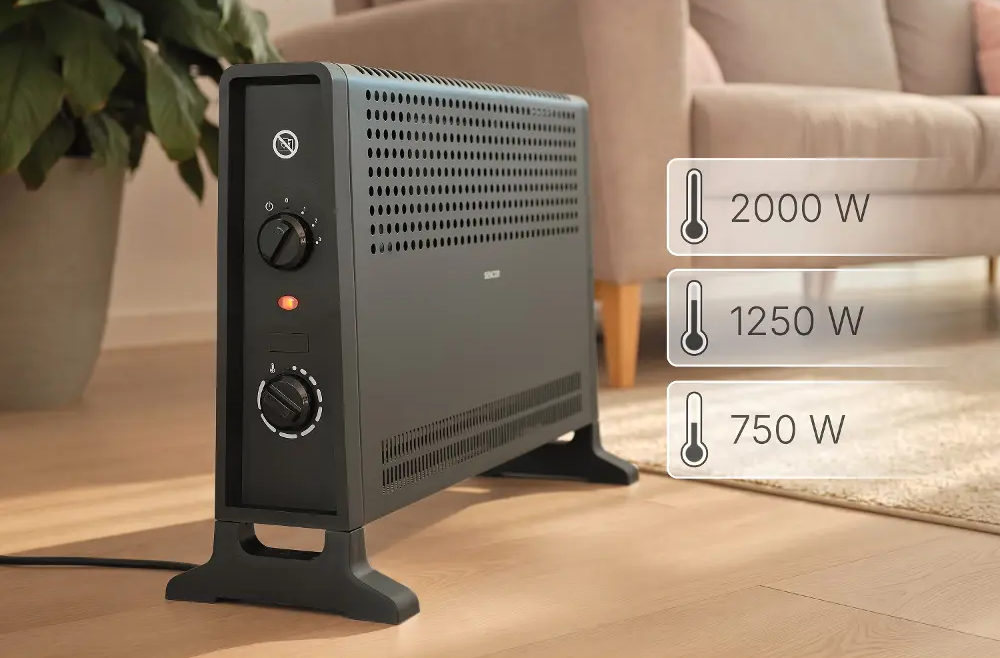 Fekete konvektoros fűtőtest a padlón 750W, 1250W és 2000W teljesítménnyel egy nappaliban.