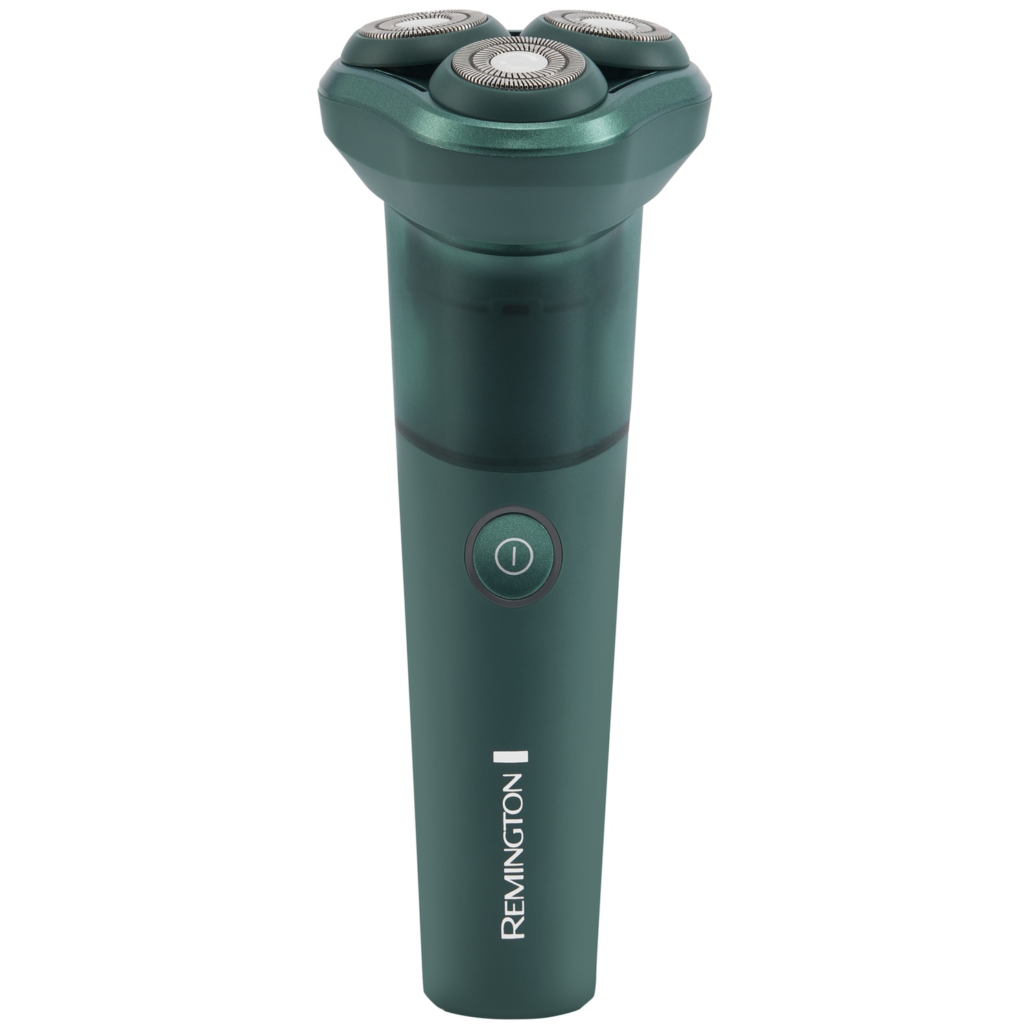 Groen Remington elektrisch scheerapparaat met drie ronde scheerkoppen en een ronde aan-uitknop tegen een witte achtergrond.