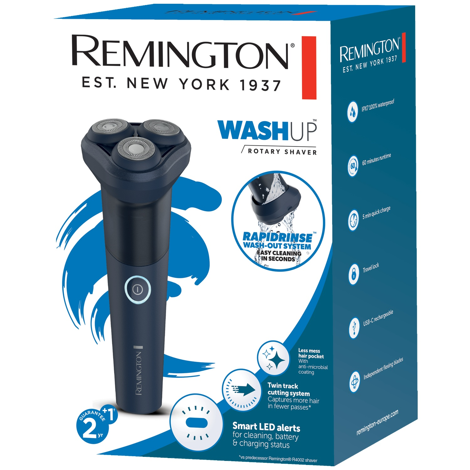 Verpakking van de Remington Washup Rotary Shaver met donkerblauwe scheerapparaat, tekst, functies en blauwe wateraccenten.
