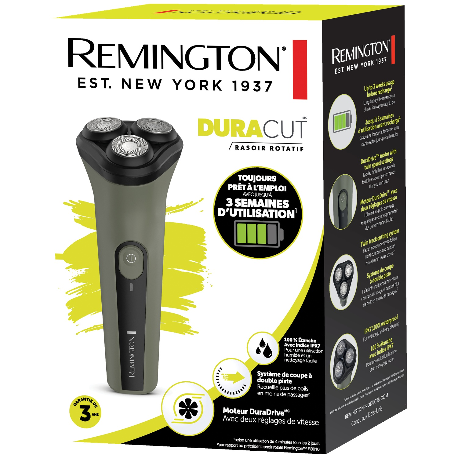 Productverpakking van een groen Remington DuraBlade scheerapparaat met zwarte scheerkop op witte achtergrond.