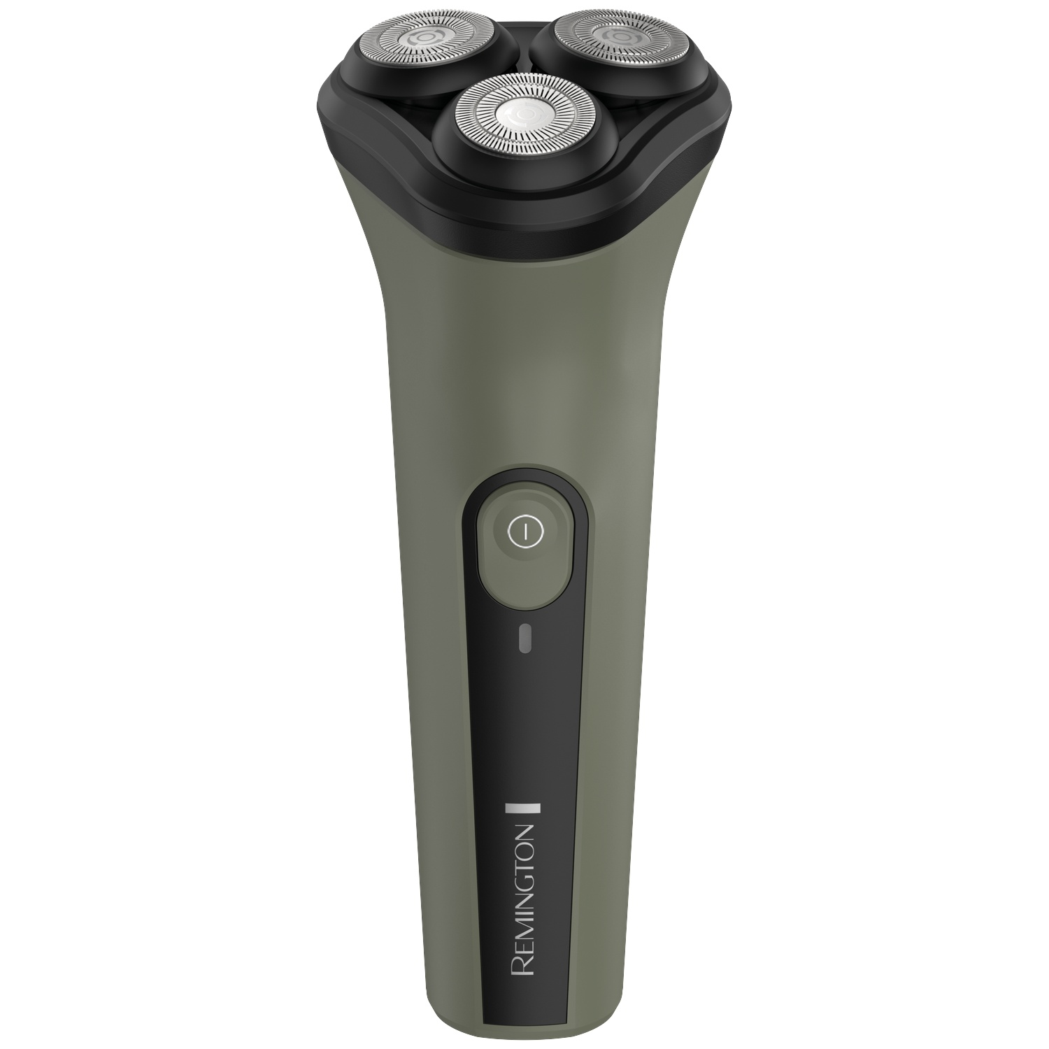 Groene Remington elektrische scheerapparat met drie ronde scheerkoppen op witte achtergrond.