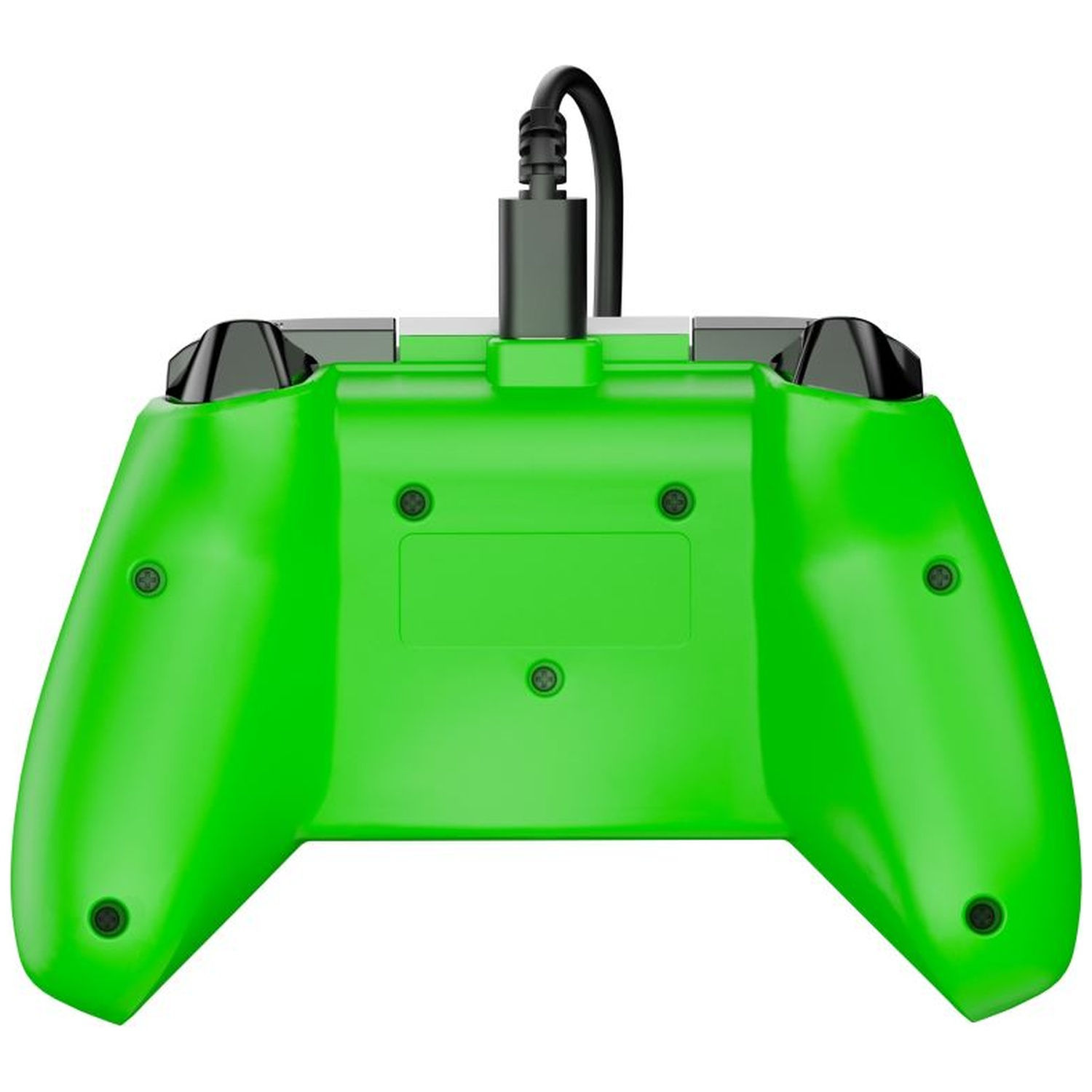 L'arrière d'une manette de jeu vidéo vert vif avec un câble noir branché sur le dessus.