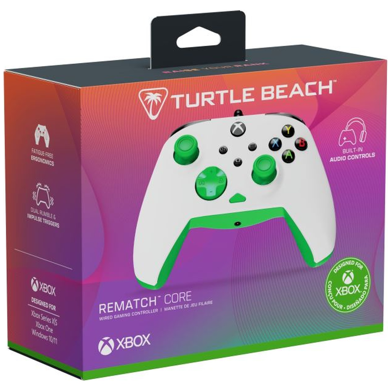 Emballage pour une manette Xbox Turtle Beach Rematch Core en blanc et vert avec des logos.