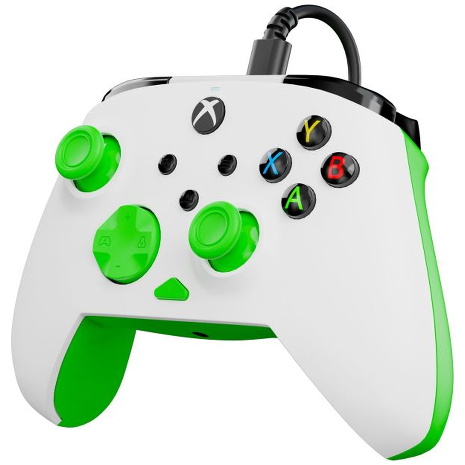 Une manette Xbox filaire blanche et verte avec des boutons colorés.