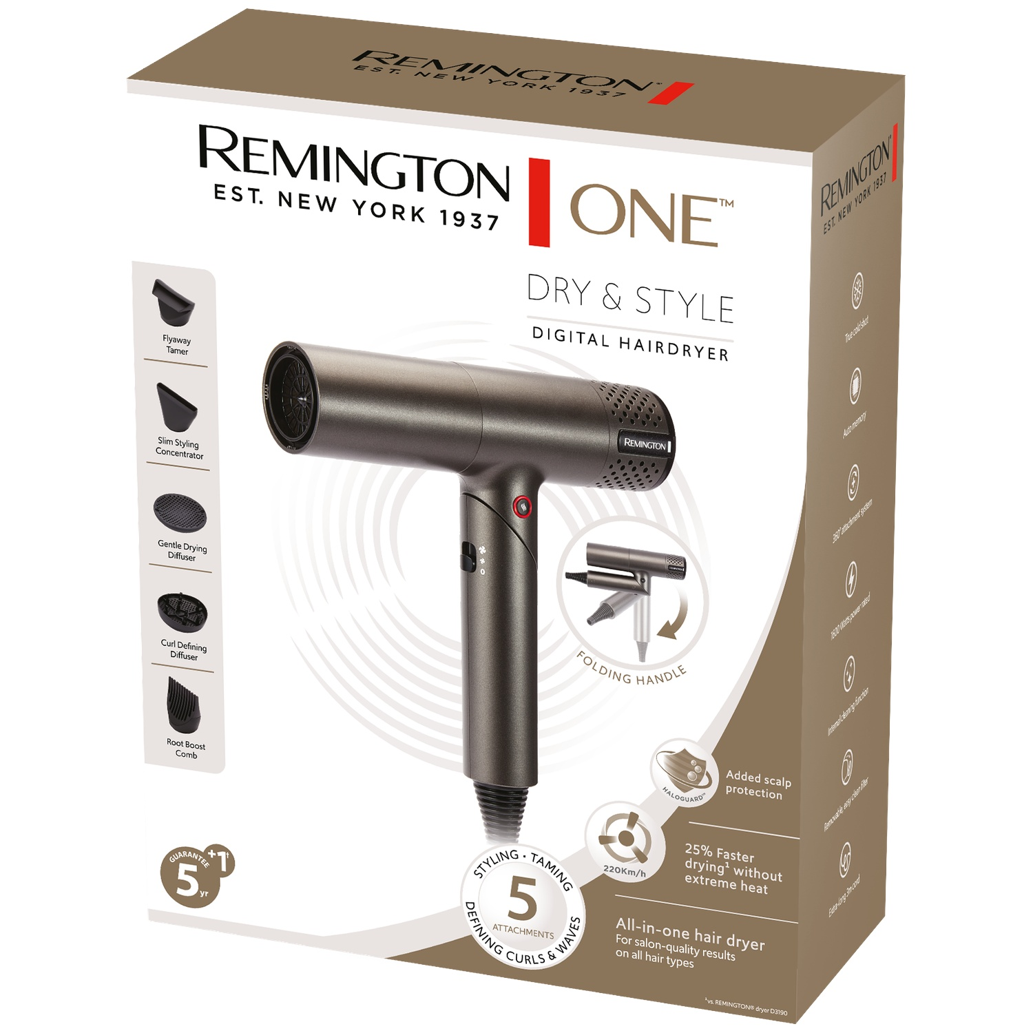 Remington One föhn in een bruine doos met vijf opzetstukken en inklapbare handgreep.