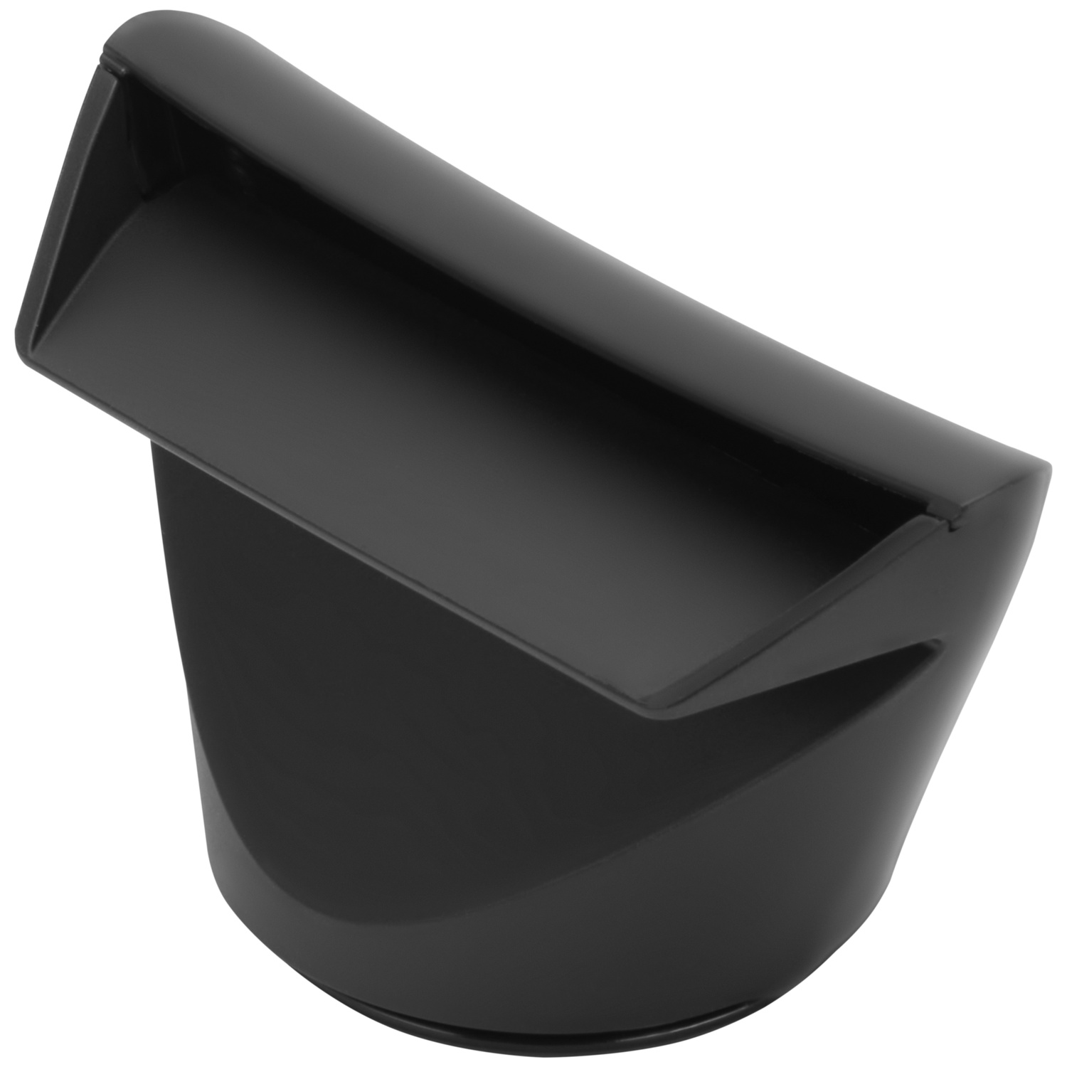 Een zwart plastic zwembad waterval uitstroommondstuk op een witte achtergrond.