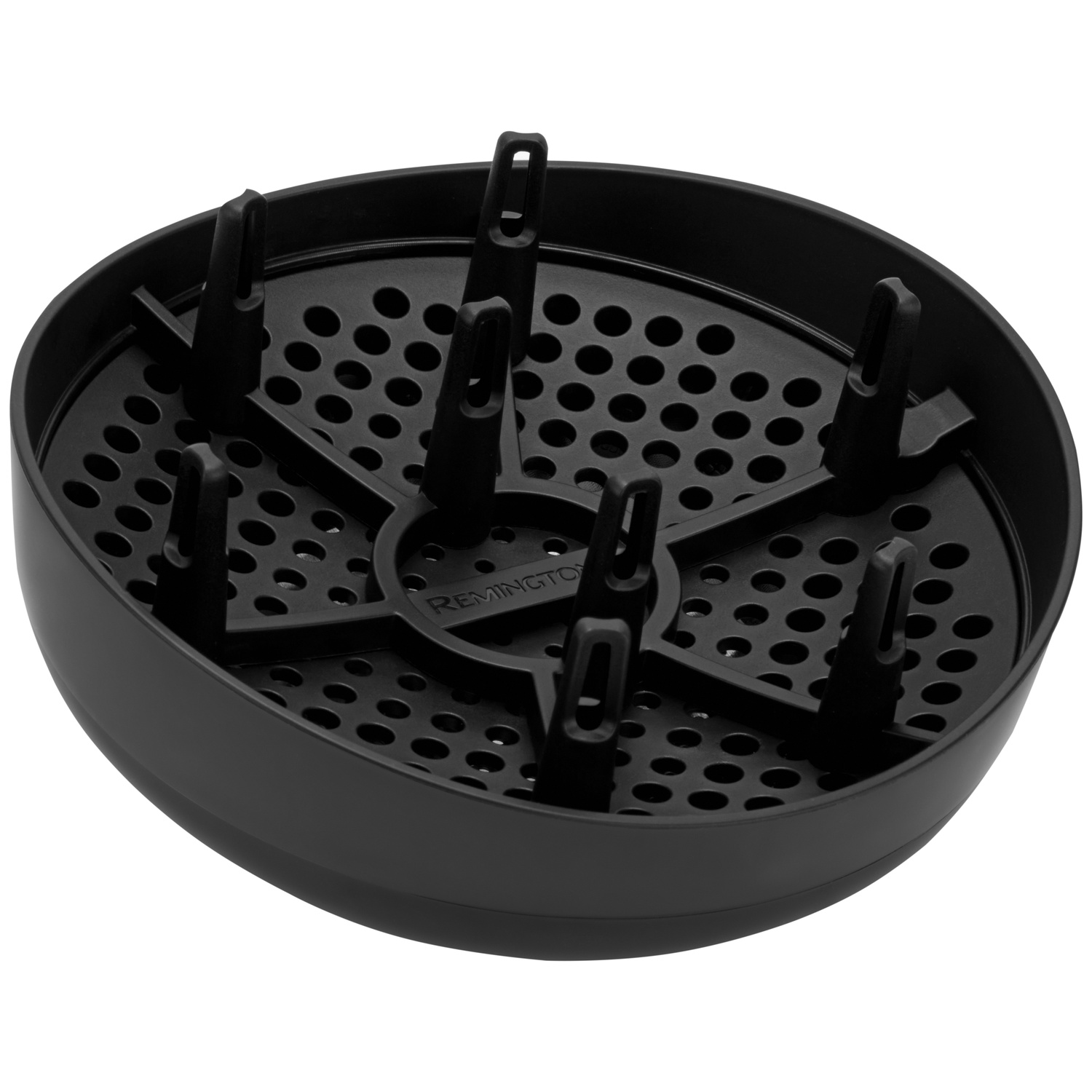Een zwarte Remington haardroger diffuser opzetstuk met gaten en pinnen tegen een witte achtergrond.
