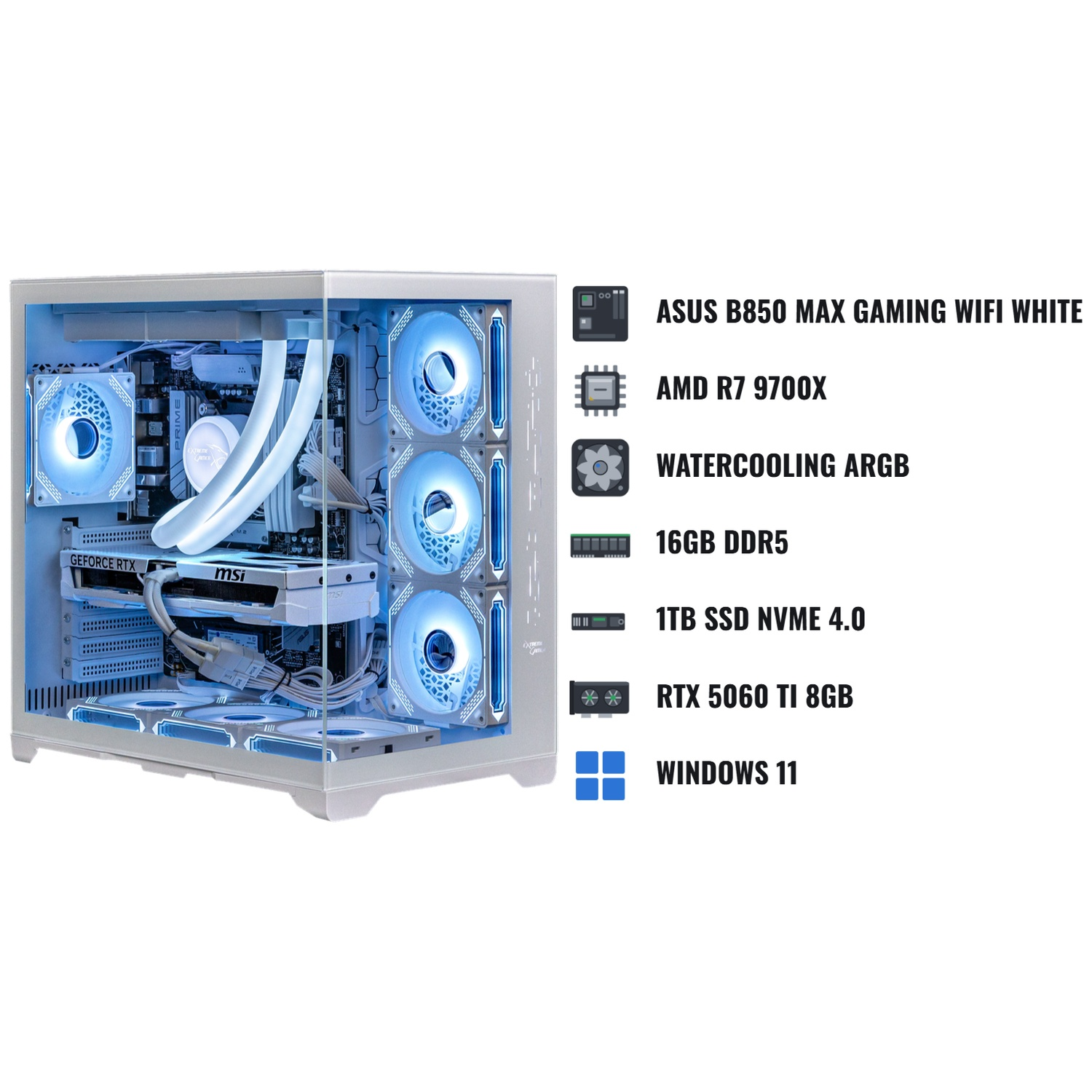 Un PC de jeu blanc avec des ventilateurs bleus lumineux et une liste de spécifications des composants.