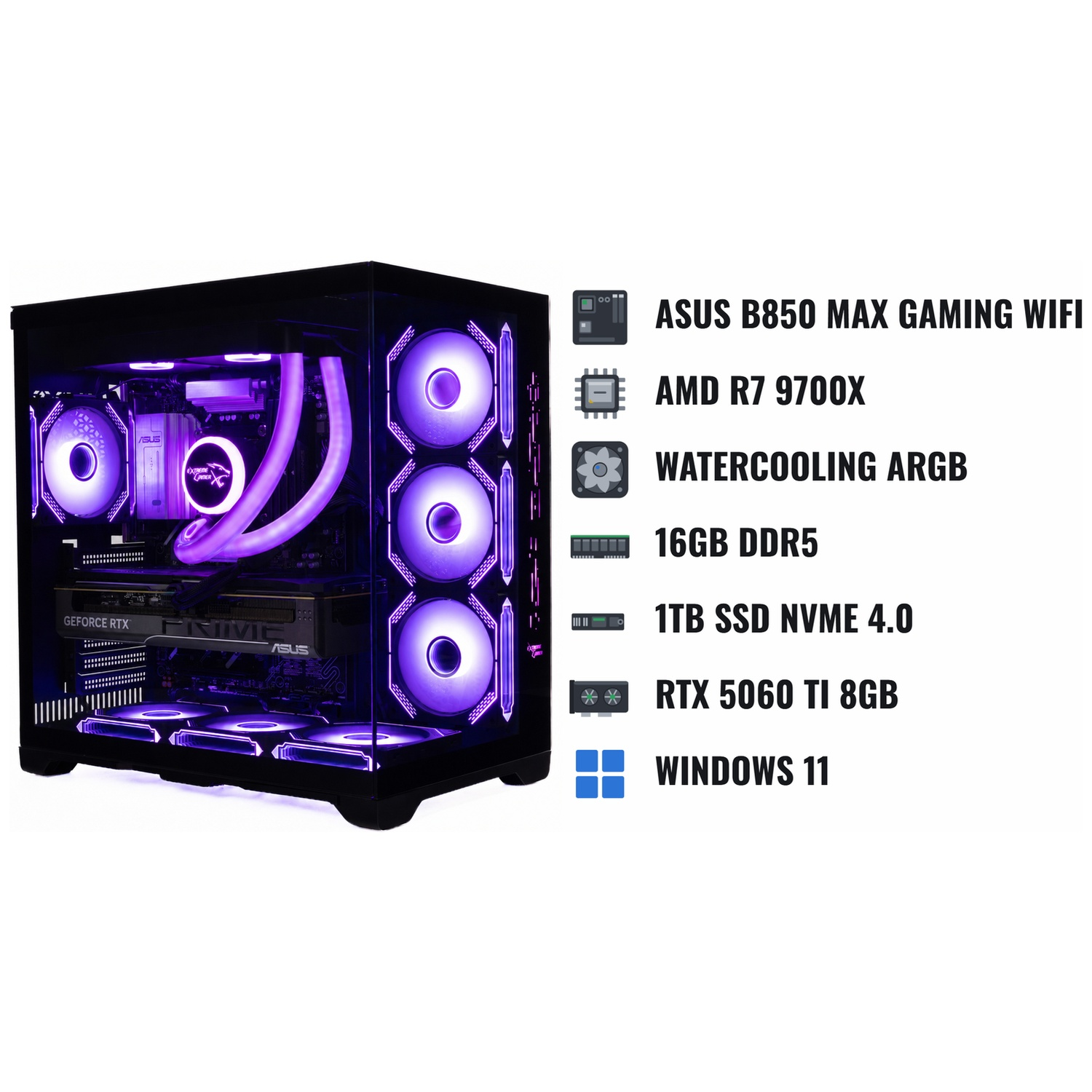 PC de jeu noir avec éclairage violet et spécifications sur fond blanc.