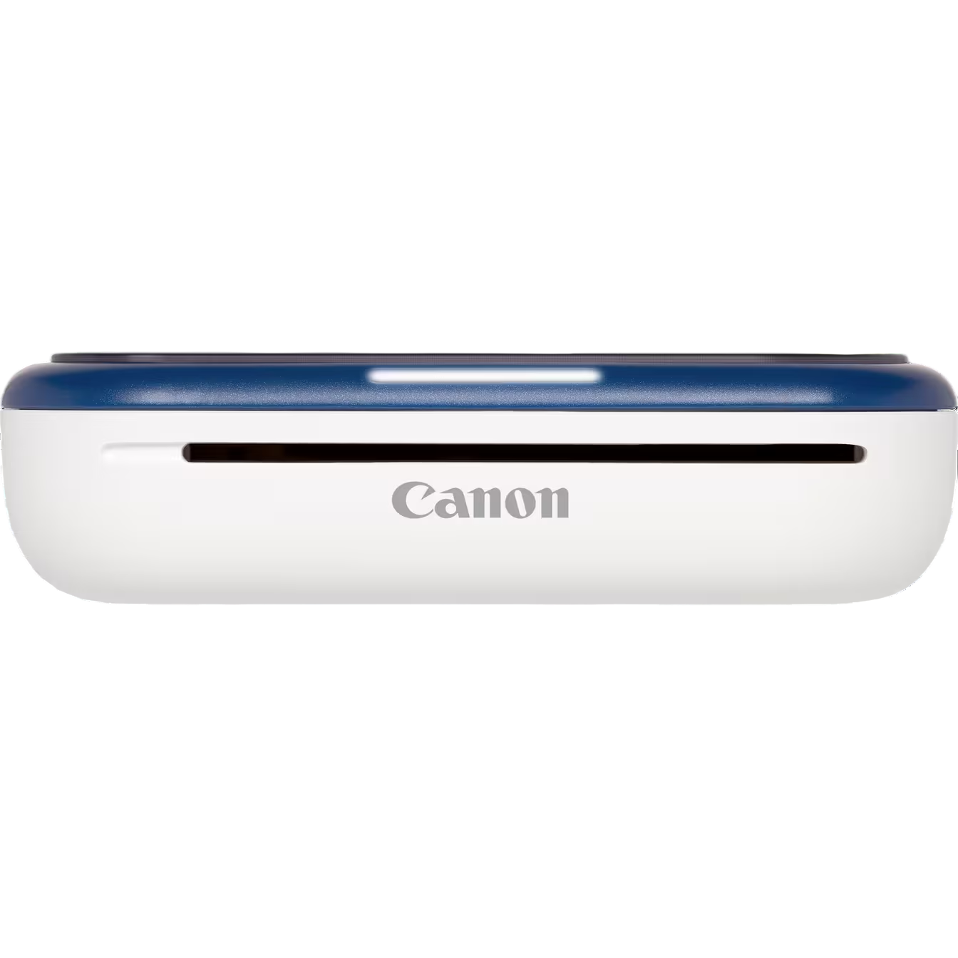 Siyah arka planda kağıt çıkış yuvasına sahip beyaz ve mavi bir Canon cihazı.