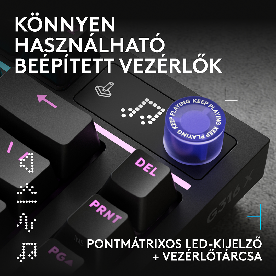 Közelkép egy fekete billentyűzetről rózsaszín betűkkel, LED mátrix kijelzővel és lila vezérlőtárcsával.