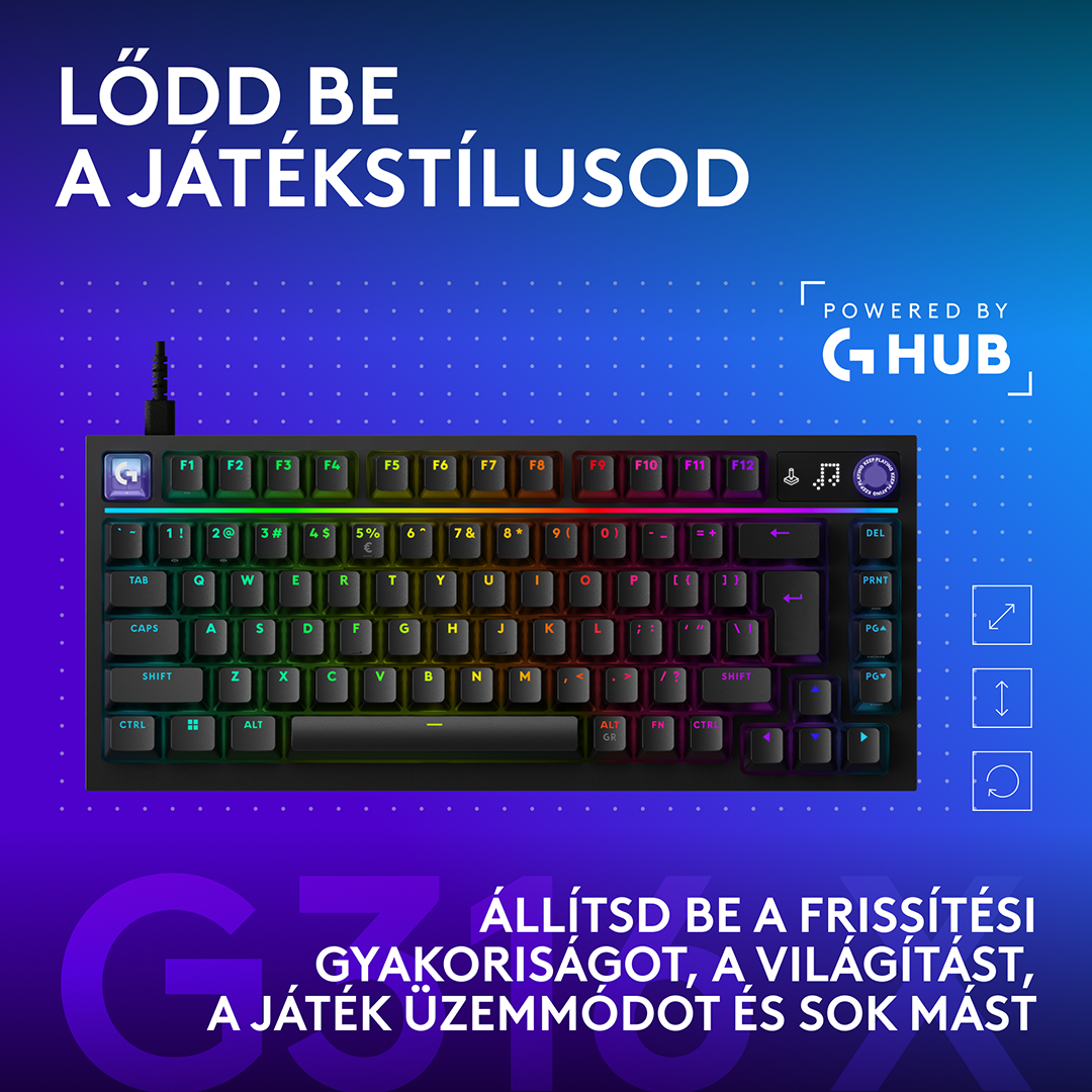 Egy fekete mechanikus gamer billentyűzet RGB háttérvilágítással egy kék-fekete háttér előtt, szöveggel.