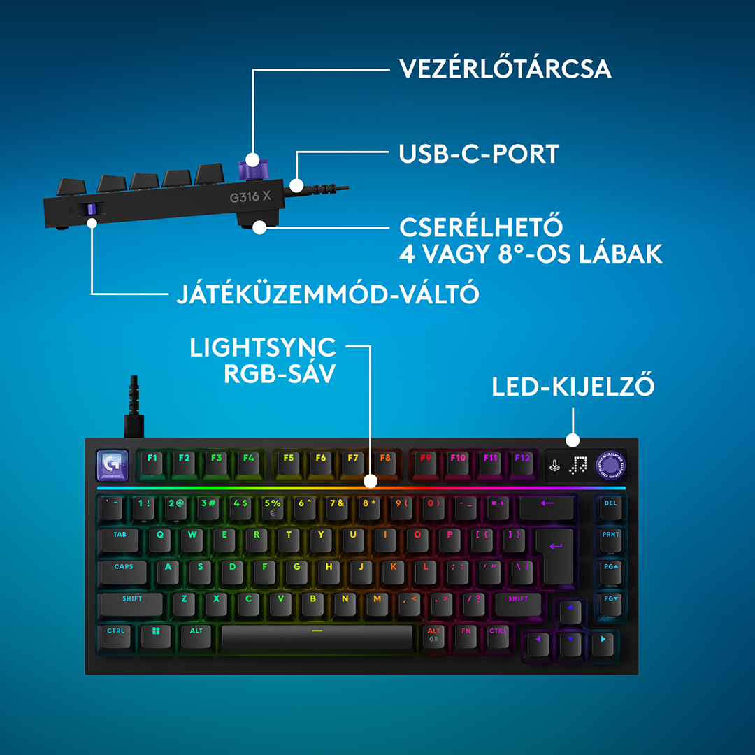 Egy fekete mechanikus billentyűzet RGB világítással, magyar feliratokkal és kék háttérrel.