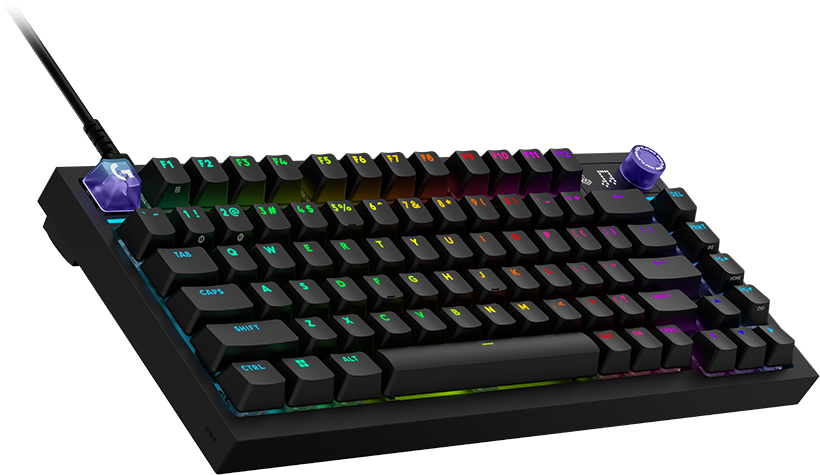Fekete mechanikus billentyűzet színes RGB háttérvilágítással és kék hangerőszabályzó gombbal.