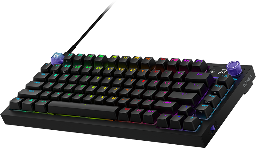 Fekete mechanikus gamer billentyűzet testreszabható RGB háttérvilágítással és lila hangerőszabályzóval.