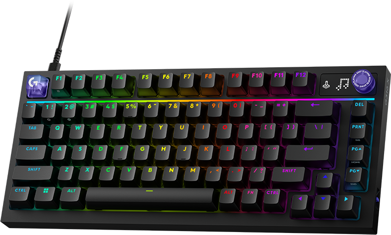 Fekete mechanikus gamer billentyűzet testreszabható RGB háttérvilágítással és multifunkciós forgatógombbal.