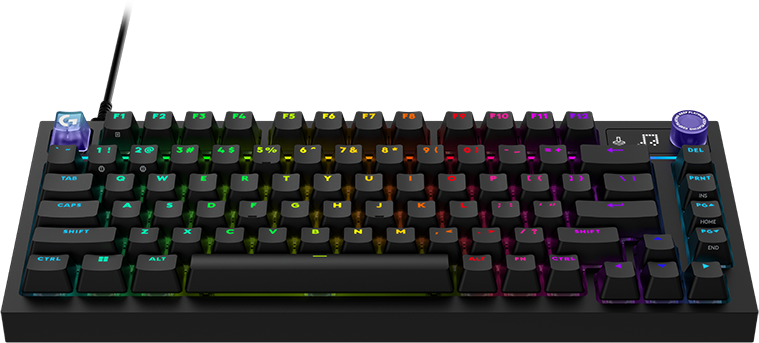 Fekete mechanikus gamer billentyűzet élénk RGB háttérvilágítással sötét háttér előtt.