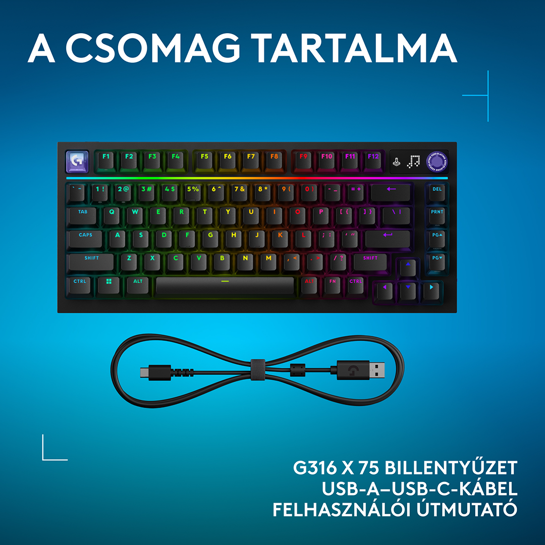 RGB billentyűzet és USB-C kábel kék háttérrel, magyar felirattal.