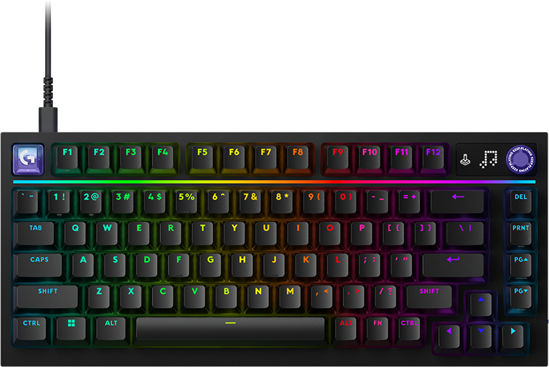 Fekete mechanikus játékbillentyűzet élénk, többszínű RGB háttérvilágítással.