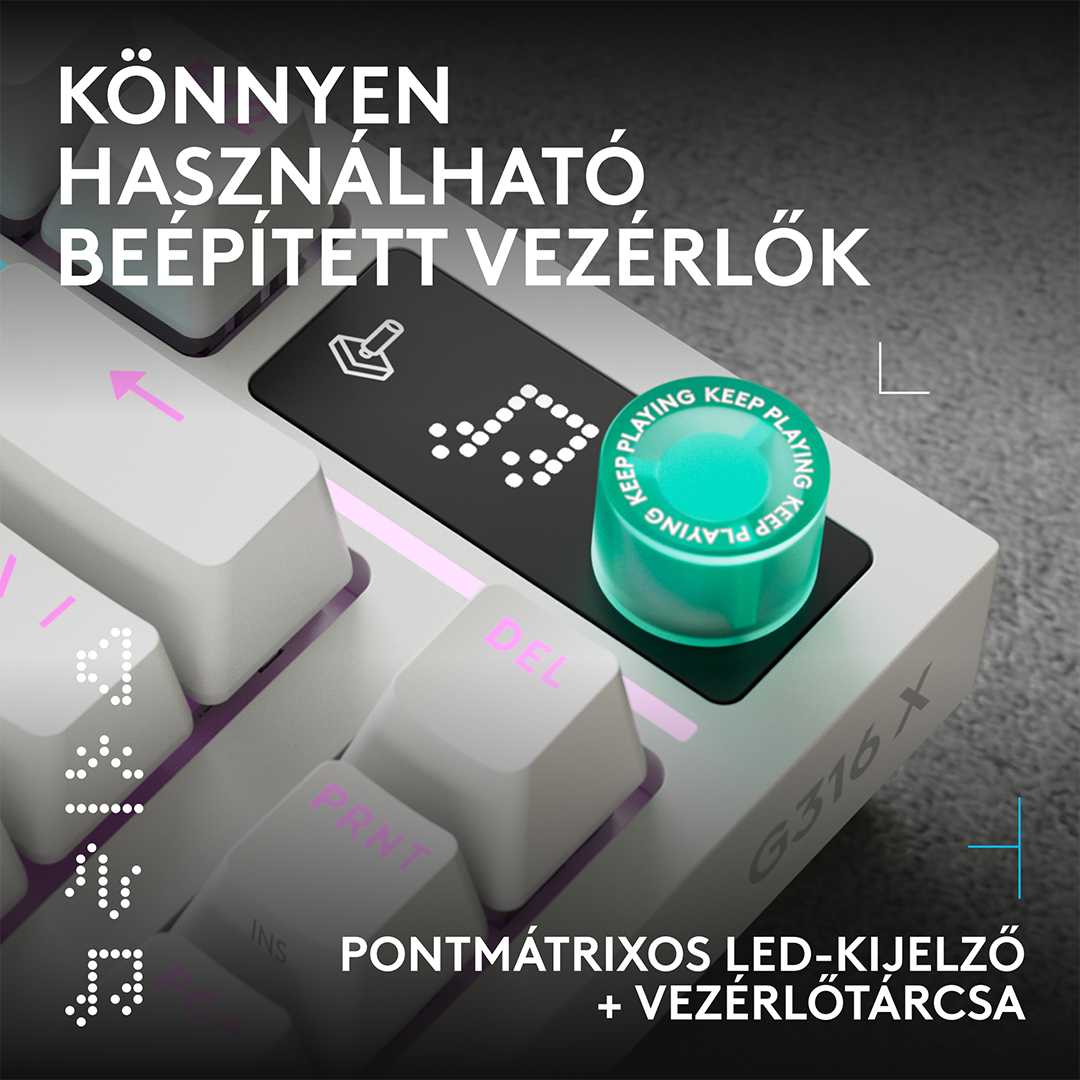Egy fehér billentyűzet kerek zöld vezérlőgombbal és egy LED mátrix kijelzővel.