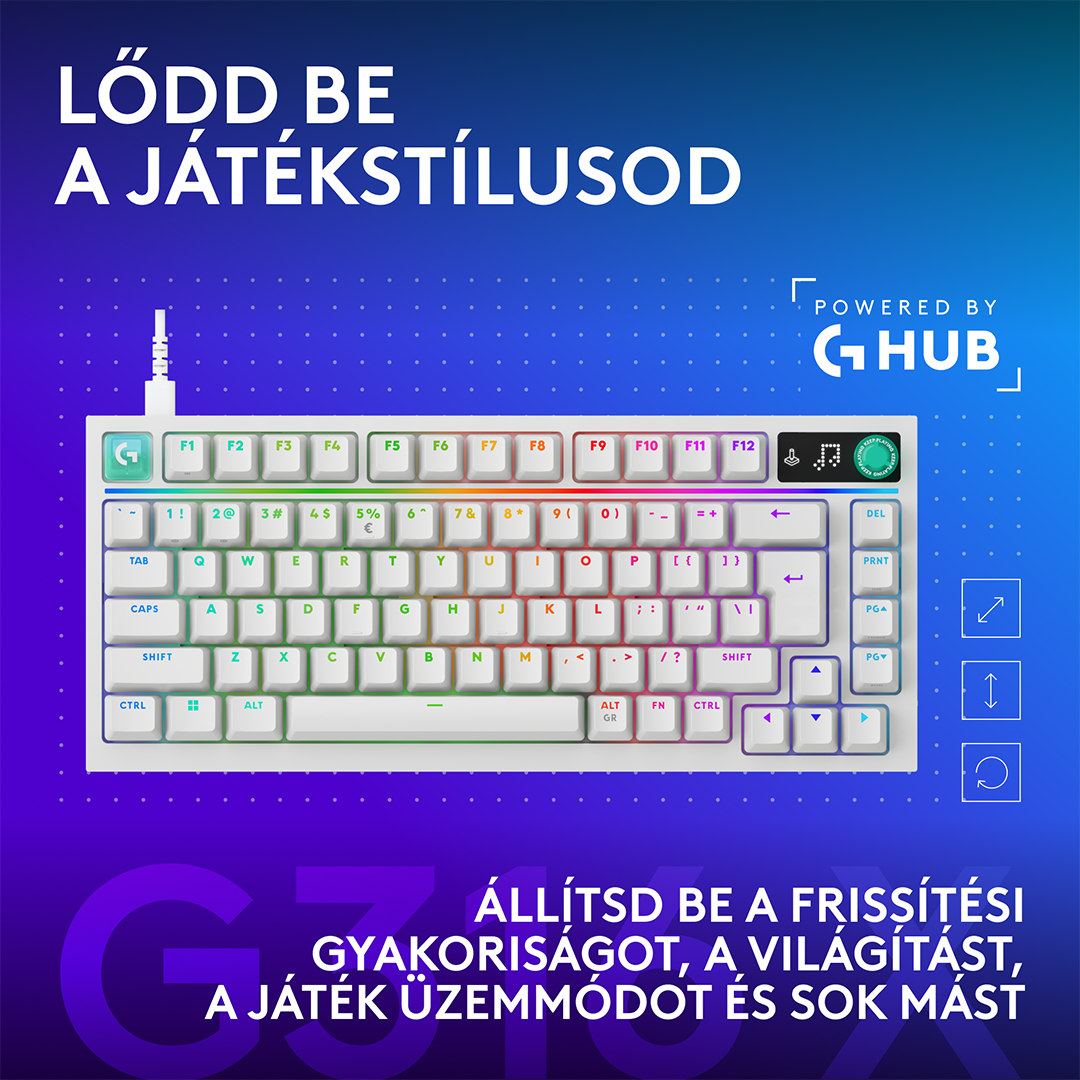 Fehér gamer billentyűzet RGB világítással, kék háttérrel és magyar feliratokkal.