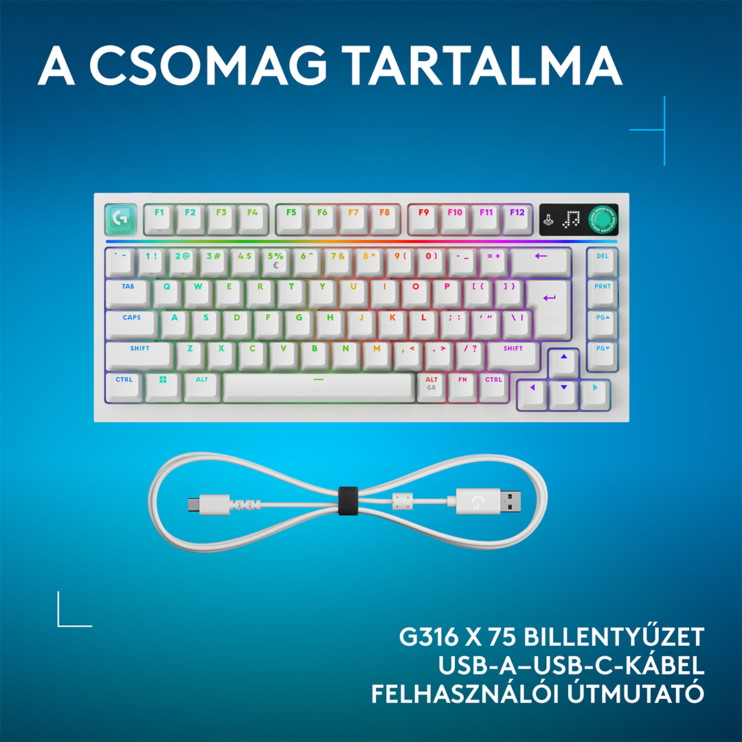 Fehér gamer billentyűzet RGB háttérvilágítással és USB kábellel kék háttéren.
