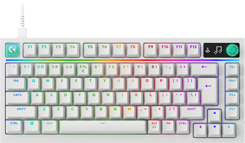 Egy fehér gamer billentyűzet RGB háttérvilágítással és fehér kábellel fekete háttér előtt.