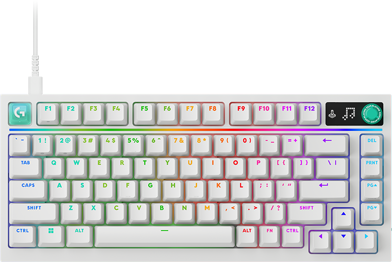 Egy fehér mechanikus gamer billentyűzet RGB világítással és fehér kábellel fekete háttér előtt.