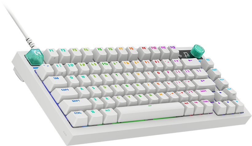 Fehér gamer billentyűzet RGB világítással, színes ékezetekkel és hangerőszabályzóval fekete háttér előtt.