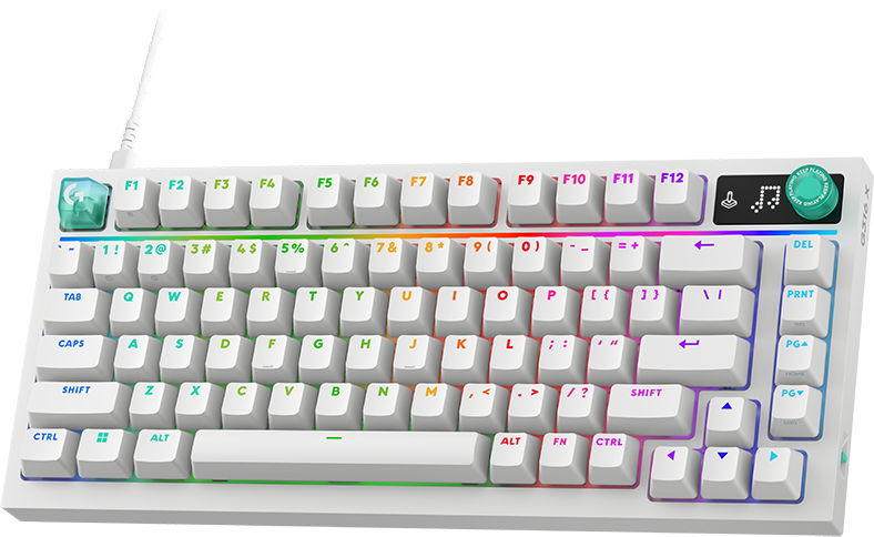 Egy fehér játékbillentyűzet RGB megvilágítással és színes billentyűfeliratokkal fekete háttér előtt.