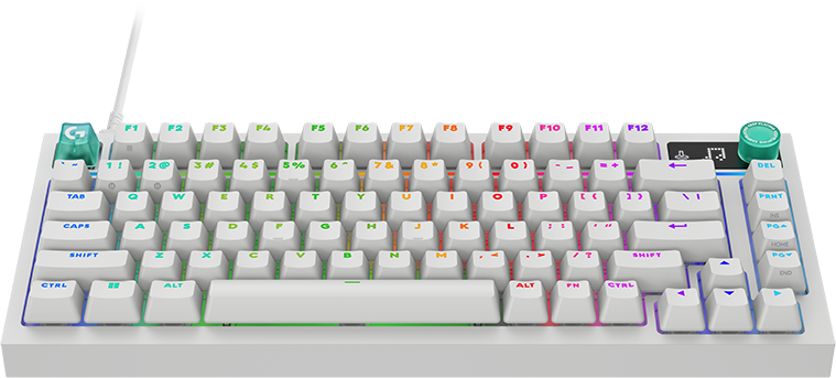 Fehér gamer billentyűzet RGB világítással és színes részletekkel fekete háttér előtt.