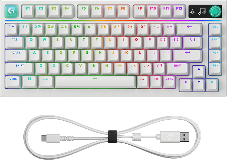 Fehér gamer billentyűzet RGB világítással és hozzátartozó USB kábellel fekete háttérrel.