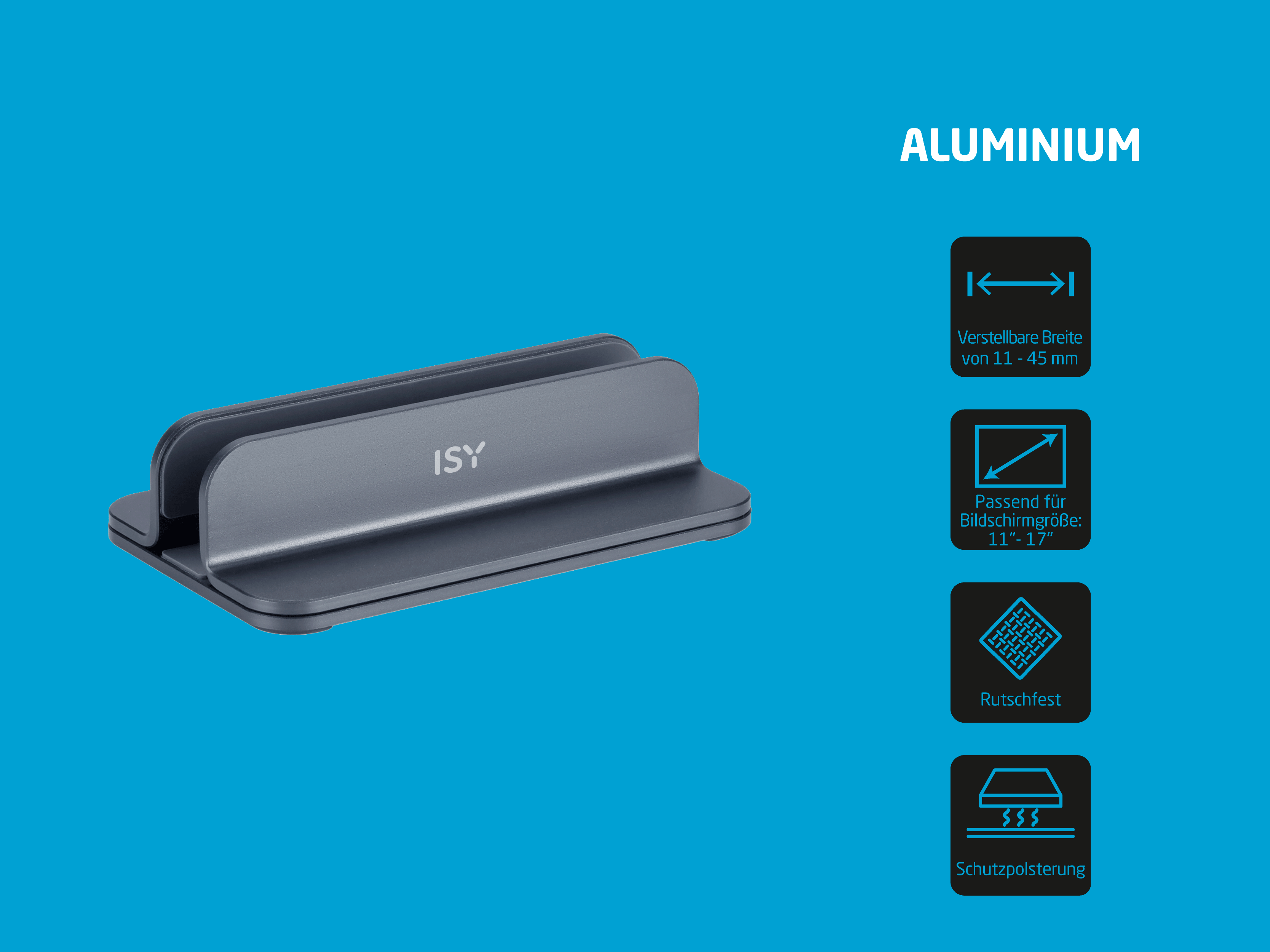 Grauer Aluminium-Laptopständer auf blauem Hintergrund mit Symbolen für Eigenschaften.