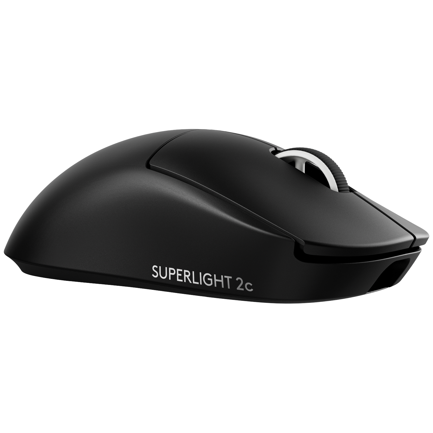 Zwarte draadloze gamingmuis met de tekst SUPERLIGHT 2c op de zijkant tegen een donkere achtergrond.