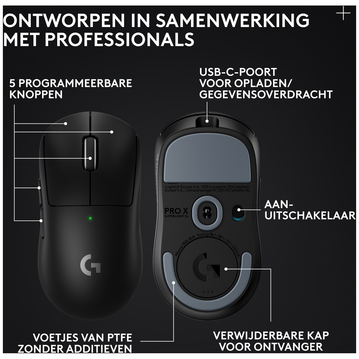 Diagram van een zwarte Logitech gamingmuis met verklarende labels in het Nederlands.