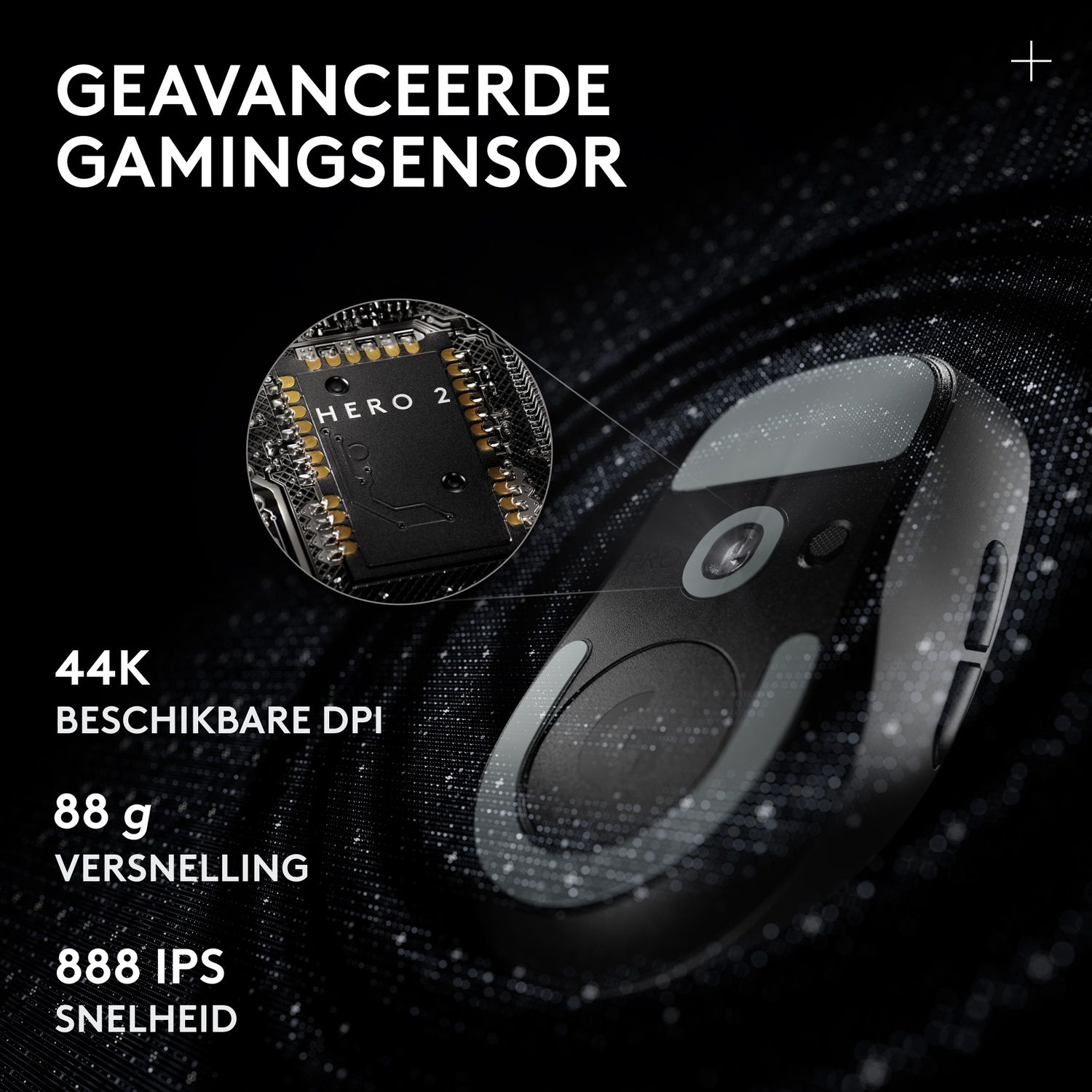 Onderkant van een zwarte muis met Hero 2 sensor close-up en tekstgegevens op een zwarte achtergrond.