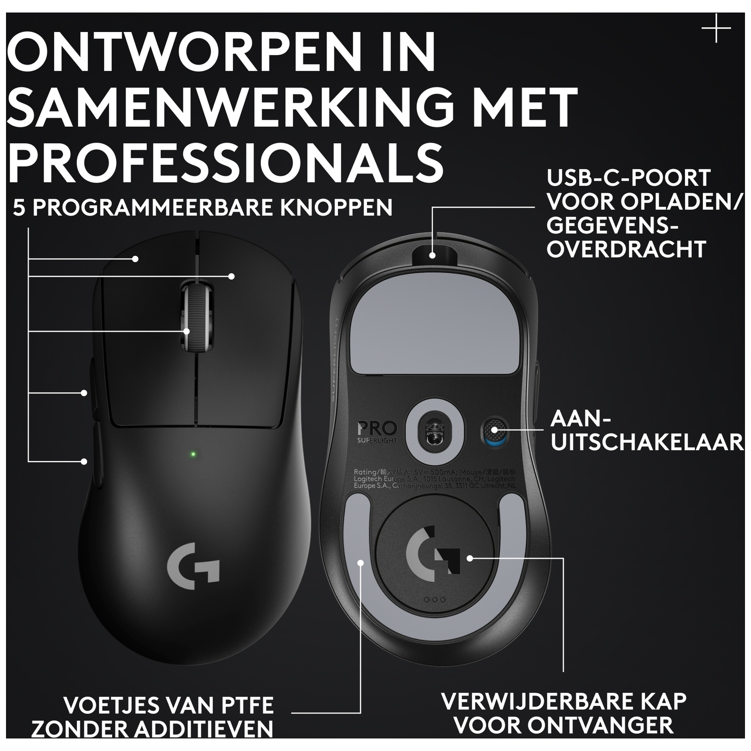 Souris de jeu sans fil noire avec diagramme des fonctionnalités et des boutons sur fond sombre.
